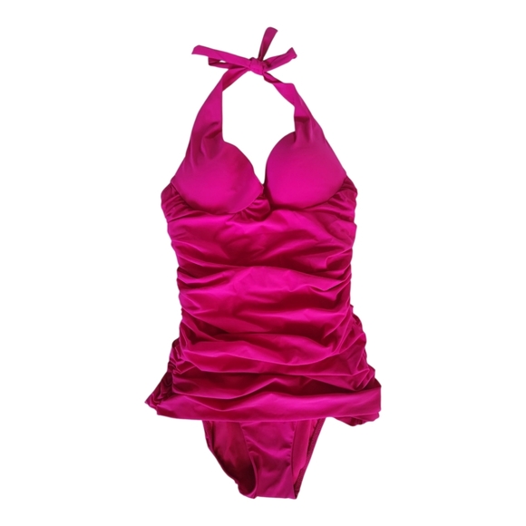 NWT Natori Fuchsia Halter One-Piece Swimsuit Size 8 B/C Cup Ruched - Picture 1 of 8